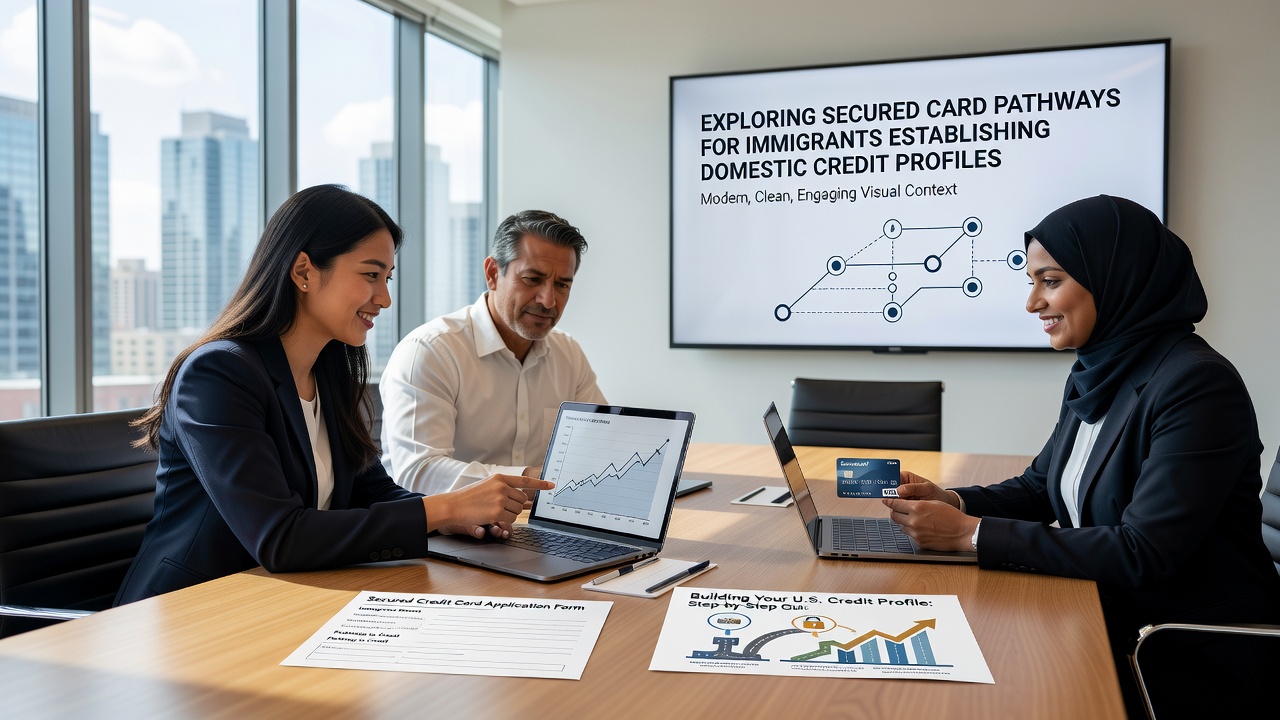 Diverse group of immigrants attending a community financial literacy workshop with secured credit card brochures and calculators on tables